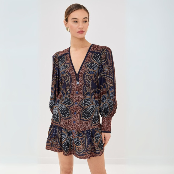 FARM Rio Dresses & Skirts - FARM RIO Floral Paisley Mini Dress size Medium NWT Glam Boho Long Sleeve Deep V